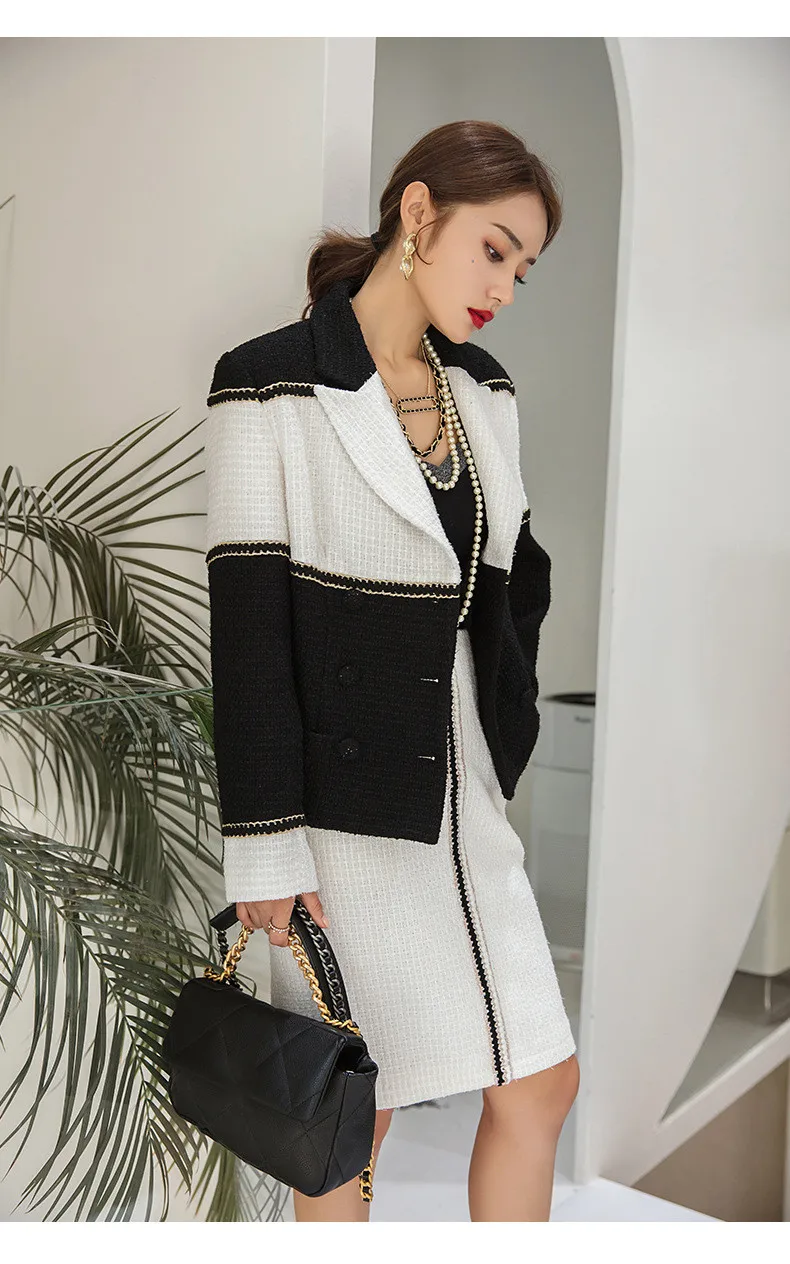 Spring Autumn Chic Elegant Women High Quality Black White Patchwork Tweed Jackets F033