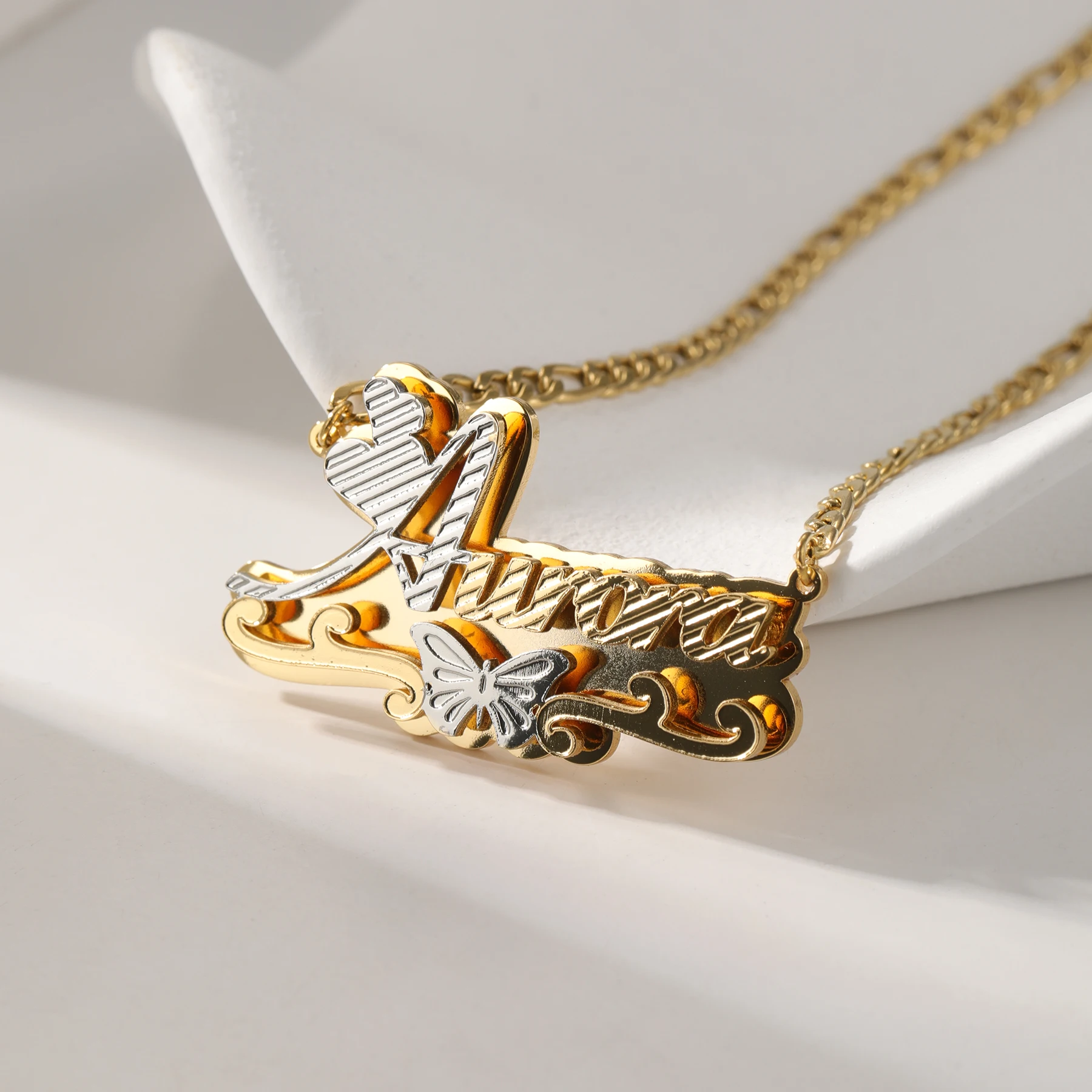 

Ожерелье с индивидуальным именем, элегантное двухцветное 18-каратное золото, серебро, сердце, бабочка, дизайн из нержавеющей стали, милые украшения, модный подарок для девочки