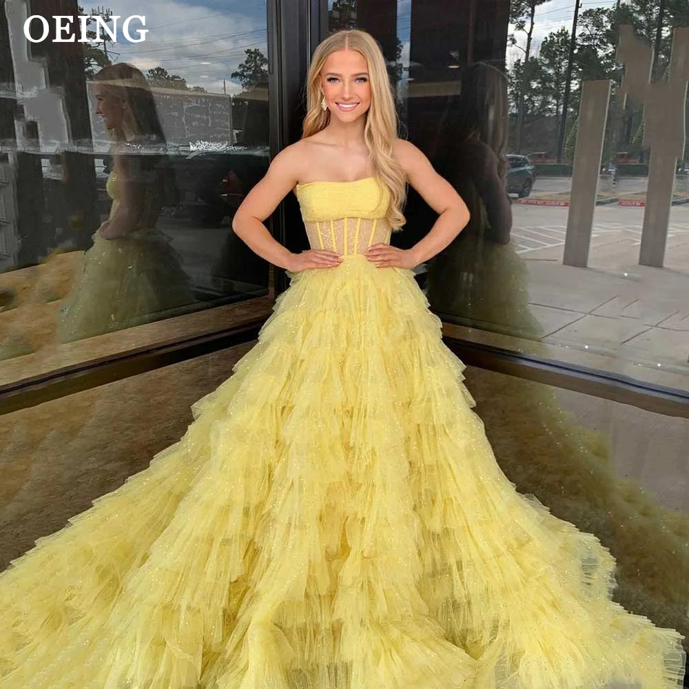 OEING Chic Yellow A-Line Prom Dresses Elegant Strapless Princess Tulle Tiered Evening Dress Formal Gown Vestidos De Novia