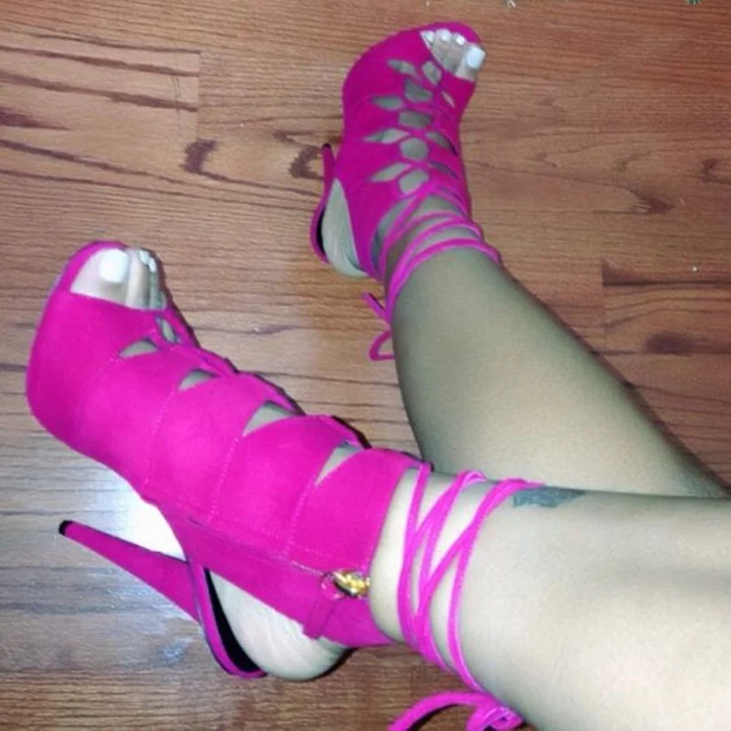 

Rose Red Lace Up Hollow Sandals Thin High Heel Peep Toe Fashionable Sexy Cool Western Summer Woman Shoes Zapatillas Mujer