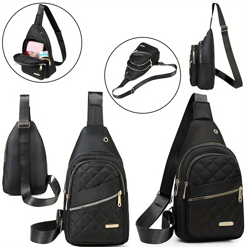 Gesteppte Nylon-Umhängetasche mit Goldreißverschluss, Mehrtaschen-Crossbody-Taschen für Damen und Herren, Alltags-, Freizeit-, Reise-, Outdoor- und Sporttasche – Detail 28