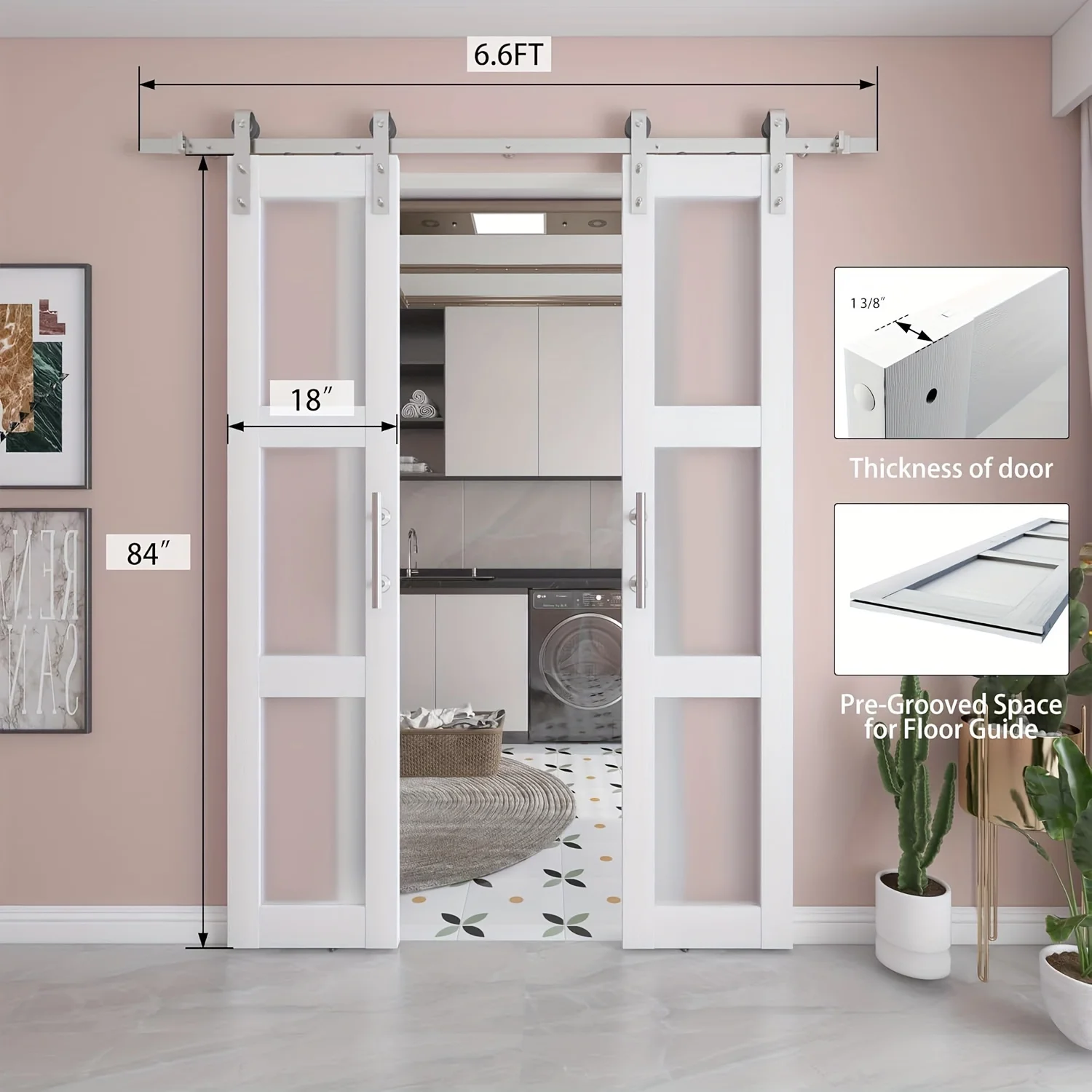 Double-glazed barn door with 6.6-foot brushed nickel sliding door hardware kit and handle