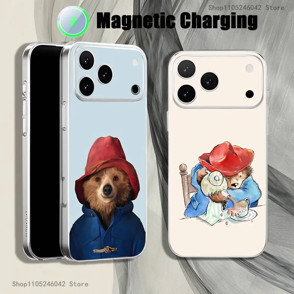 

Cute P-Paddington Bear Transparent White Phone Case For iPhone 17,16,15,14,13,12,11,Pro,Max,Plus Magnetic Wireless Charging