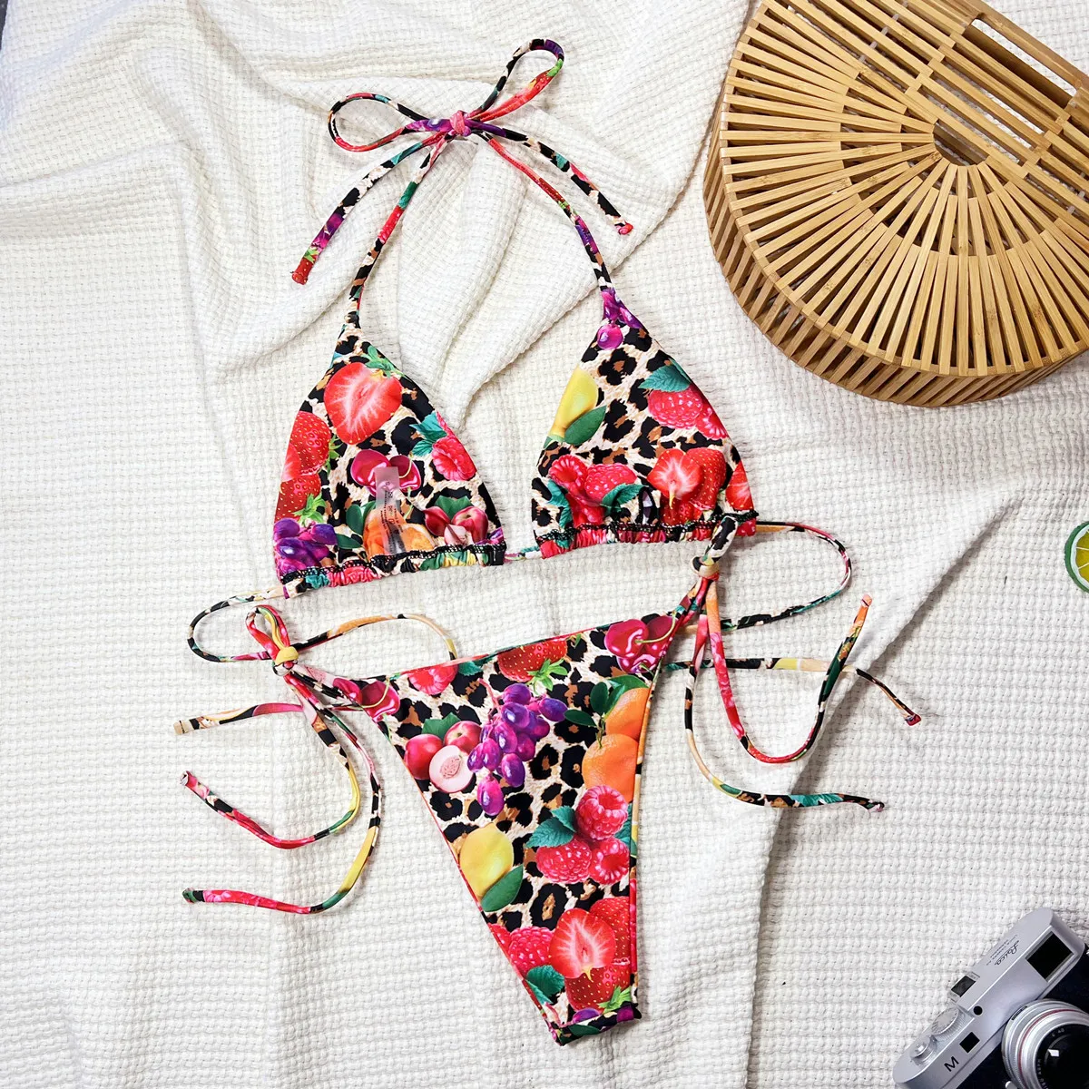 Sexy leopardo fruta impressão biquínis define duas peças retalhos halter maiôs maiô roupa de banho biquini tankini