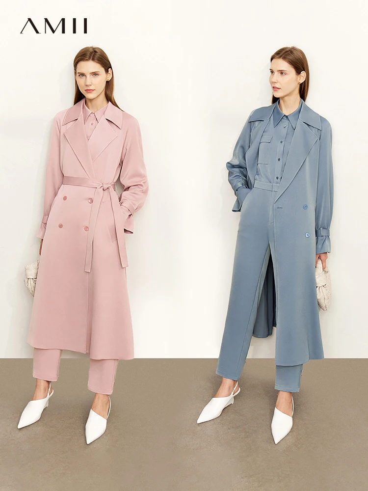 

AMII Minimalist Trench Coat for Women 2023 Autumn New Belt Long Casual Solid Female Turn-down Collar Jackets Female 12343434