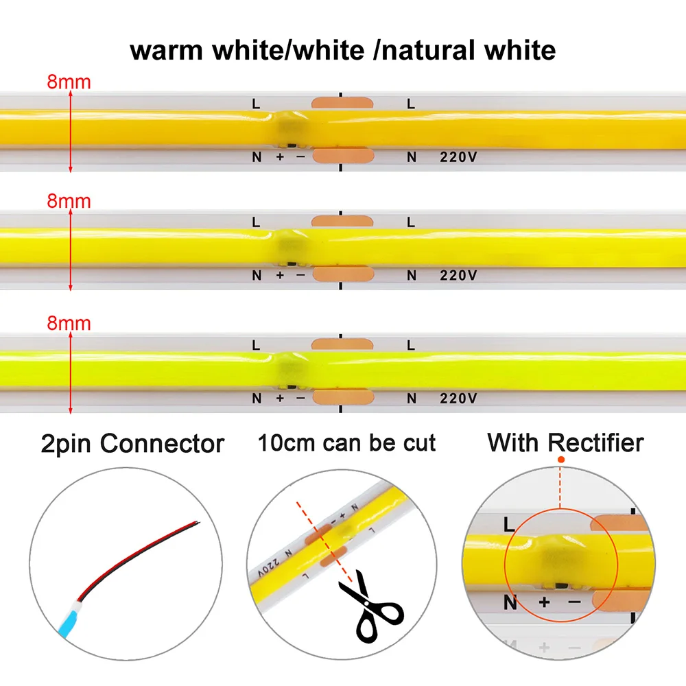 5m 10m 20m 50m Cob Led Strip Light 220v 230V AC 240LED/m Flexible Tape Lights with Rectifier No Power Required Linear Lighting