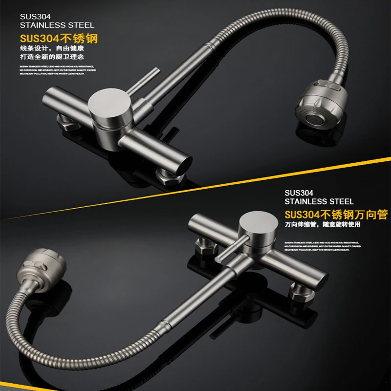 

Настенный смеситель для кухонной мойки с одним отверстием и двойным отверстием 360° ° Вращающийся смеситель для раковины с горячей и холодной водой из нержавеющей стали