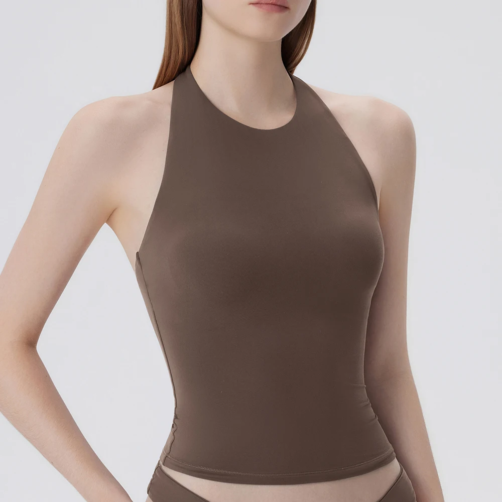 Damen Neckholder-Crop-Tanktop, ärmellos, hoher Kragen, rückenfrei, schmal geschnitten, einfarbig, gestricktes Camisole, Sommer, Casual, Basic, Y2K-Top, Weste – Detail 1
