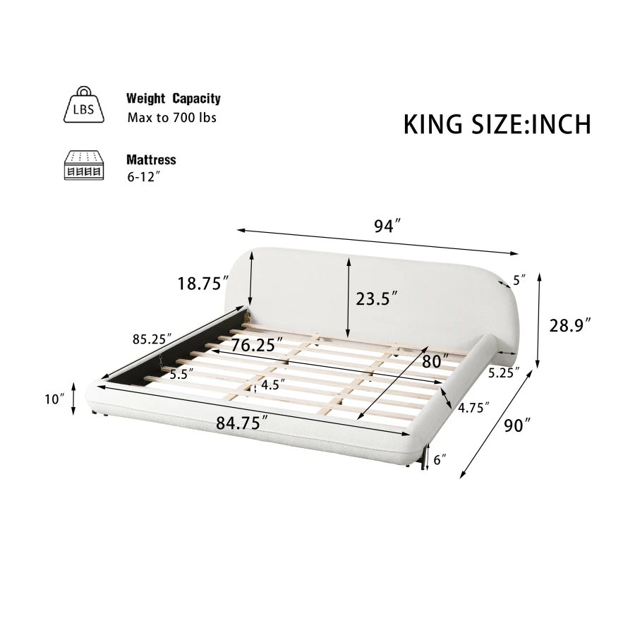 King Size Bed Frame with Boucle Fabric, Upholstered Platform Bed with Curve-Shaped Design and Thick Headboard, White Wear Resis view 6