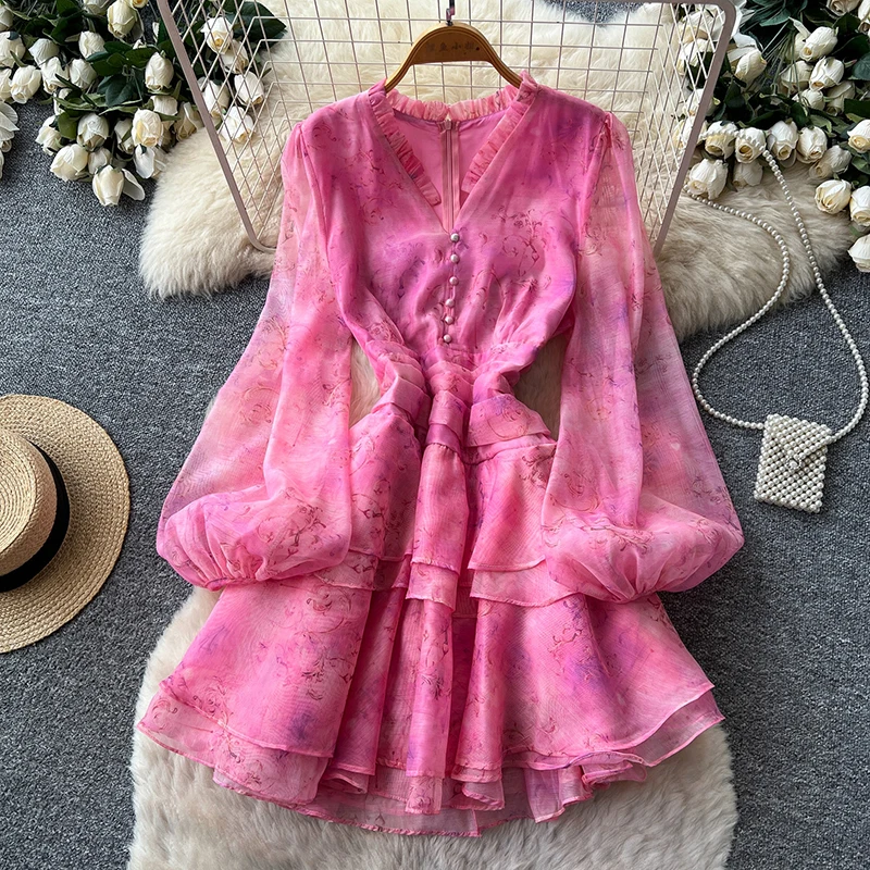 Spring Autumn French V-neck Lantern Sleeve Dress for Women New Collection Waist with Lotus Leaf Edge A-line Mini Dress L25