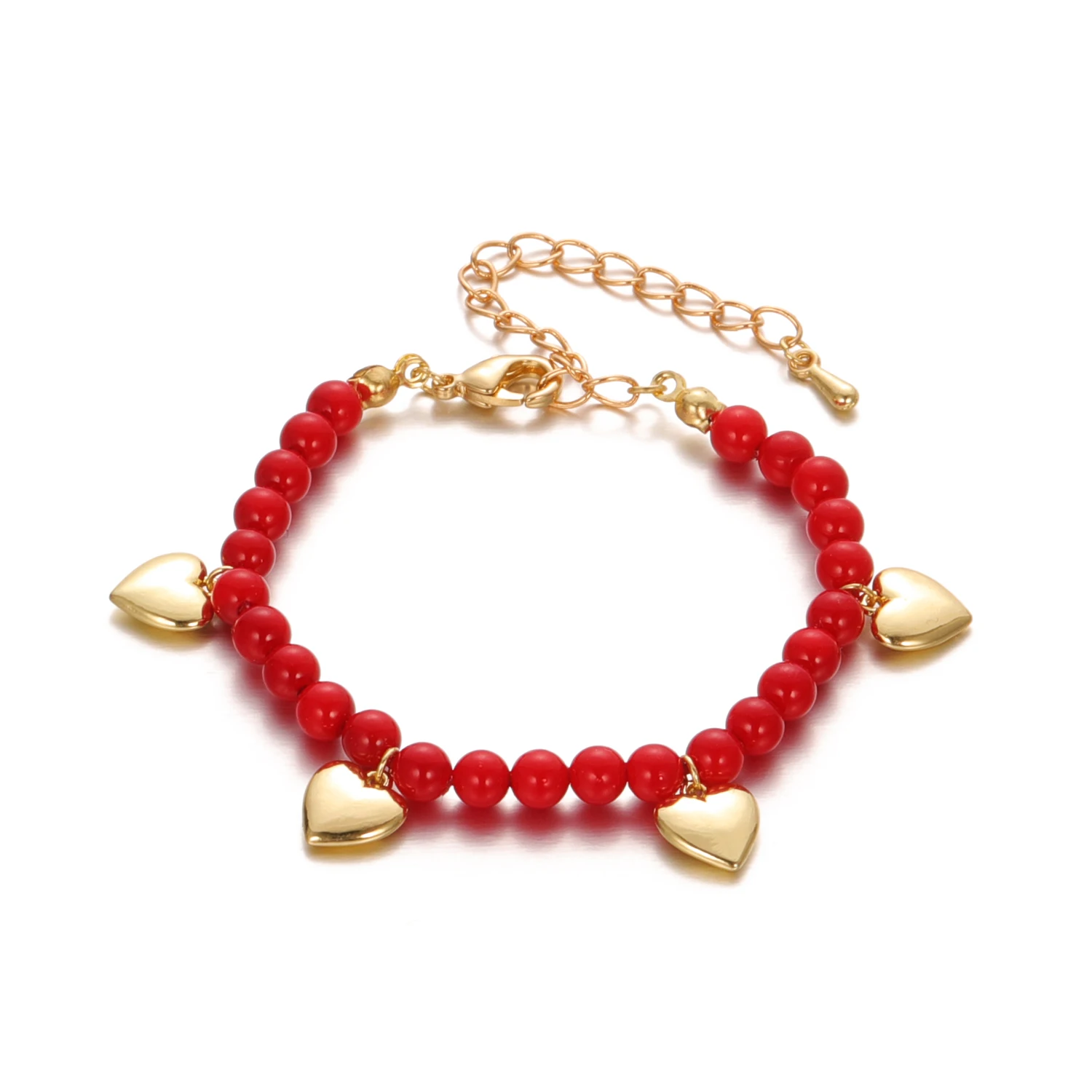 Pulsera ajustable con dije de corazón y cadena de perlas rojas, joyería de moda para regalo para niñas pequeñas y niños pequeños