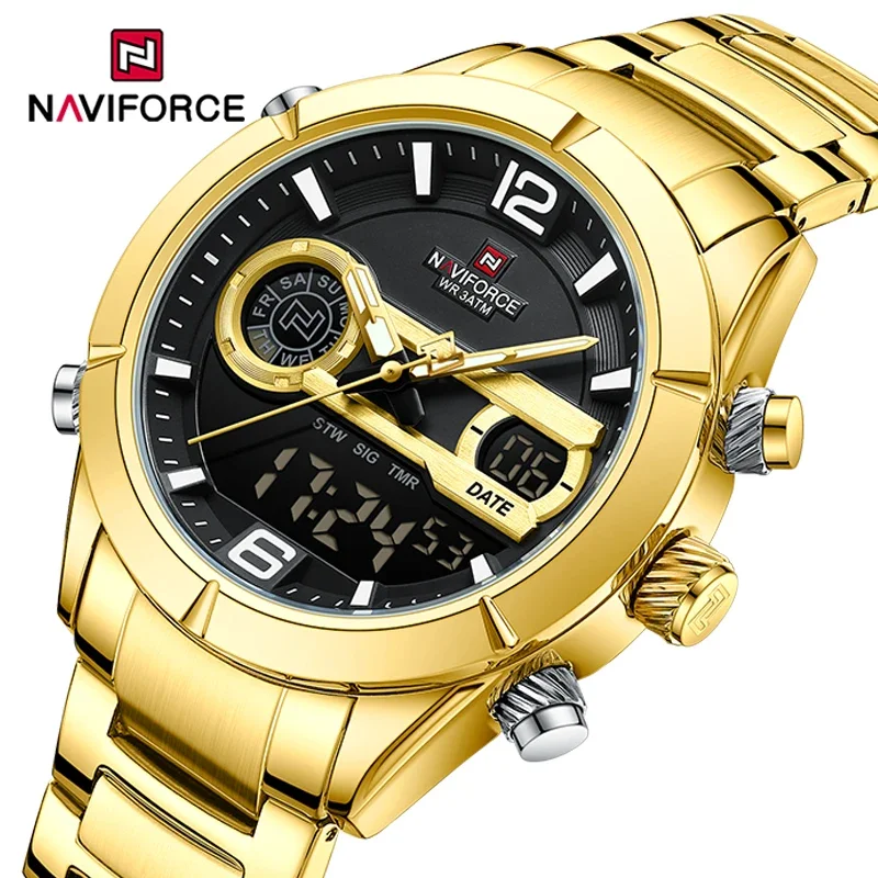 

NAVIFORCE Men's Luxury Brand Dual Display Watches Luminous Stainless Steel Male Waterproof Trend Quartz Wristwatch Man Clock