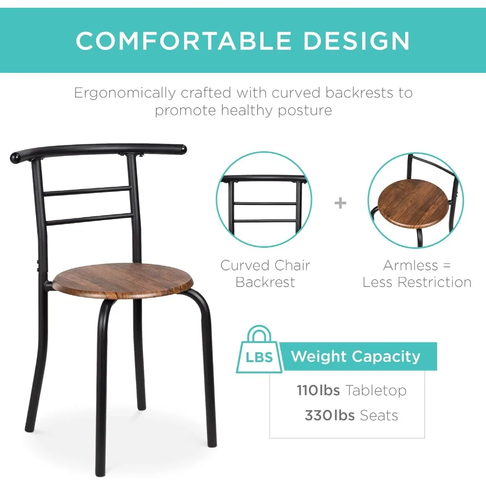 キッチン、ダイニングルーム、コンパクトスペース用の3ピース木製丸テーブル＆チェアセット、スチールフレーム、内蔵ワインラック付き