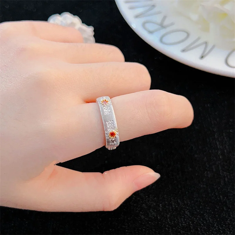 Linen Weave Pattern Carved Gold Daisy Ring Female Finger Accessories Popular Silver 925 Ring Adjustable Women Jewelry