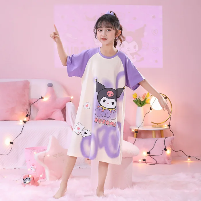 Sanrios Anime Cinna moroll Kuromi Cartoon süße Kinder Sommer Kurzarm Pyjama Rock Mädchen Baumwolle Home Kleidung Kleid Nachthemd