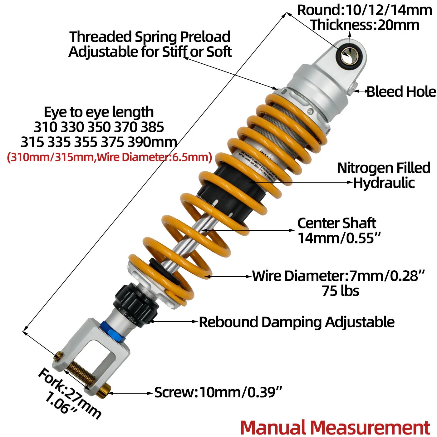Fork 27mm 1 Piece 310mm 330mm 350mm 370mm 385mm 315m 335mm 355mm 375mm 390mm shocks for Honda NS150G, Kymco H150 Joymax Z300