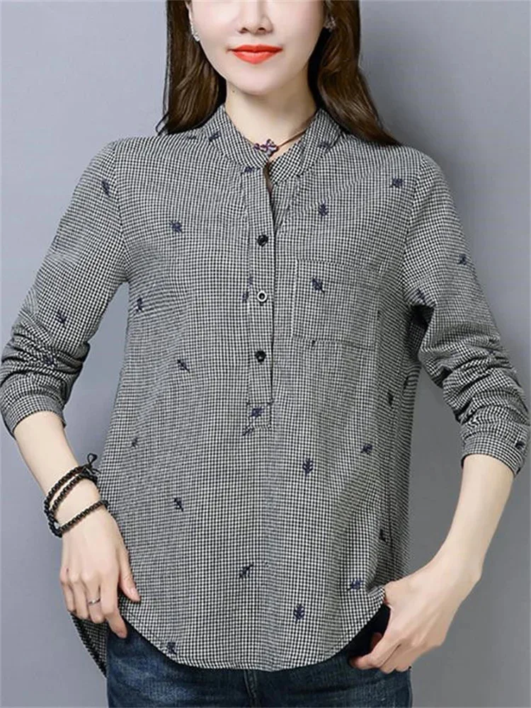 

Women's Spring Autumn Style Cotton Blouses Shirt Women's Printed Turtleneck Button Long Sleeve Korean Elegant Tops