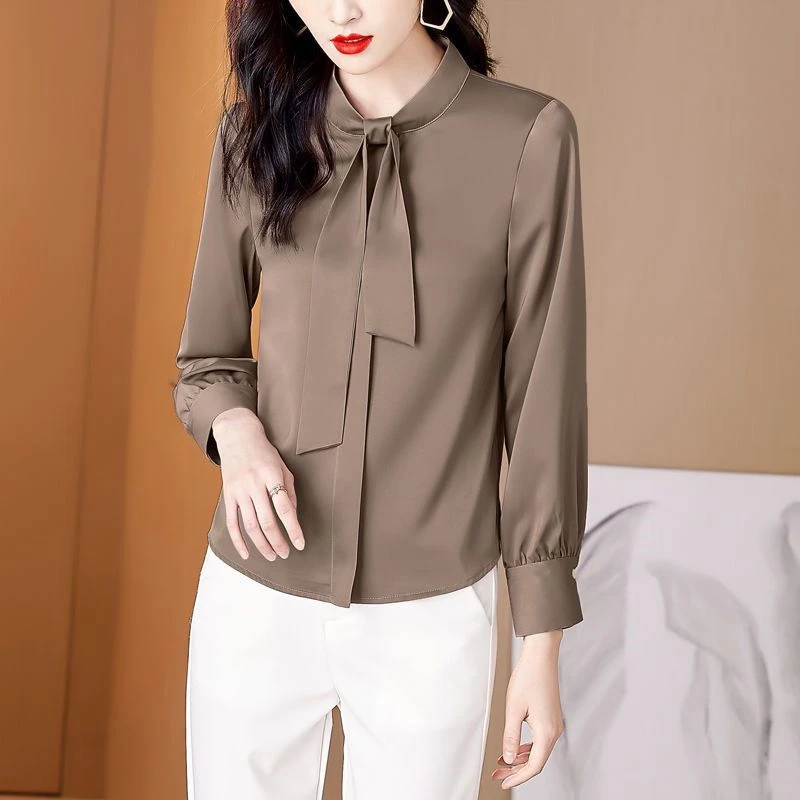 Satin Elegant Fashion Korean OL Temperament Bow Tie Blouse Top Women 2022 Autumn Solid Long Sleeve Work Wear Shirt Blusas Mujer