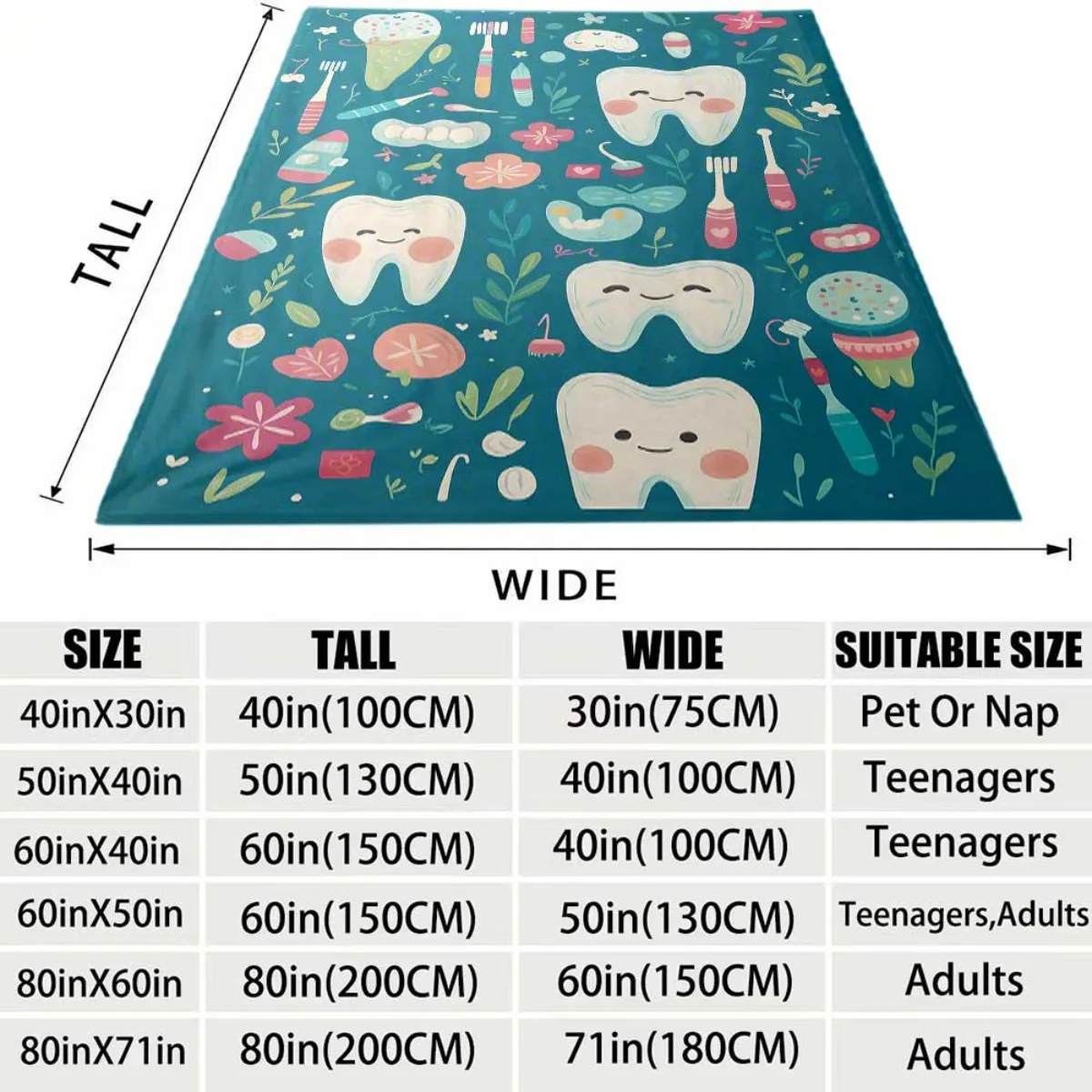 Lovely Cartoon Dental Element Flannel Blanket Soft Comfortable Throw Blanket Smiley Tooth Flower Art Print Blanket Children