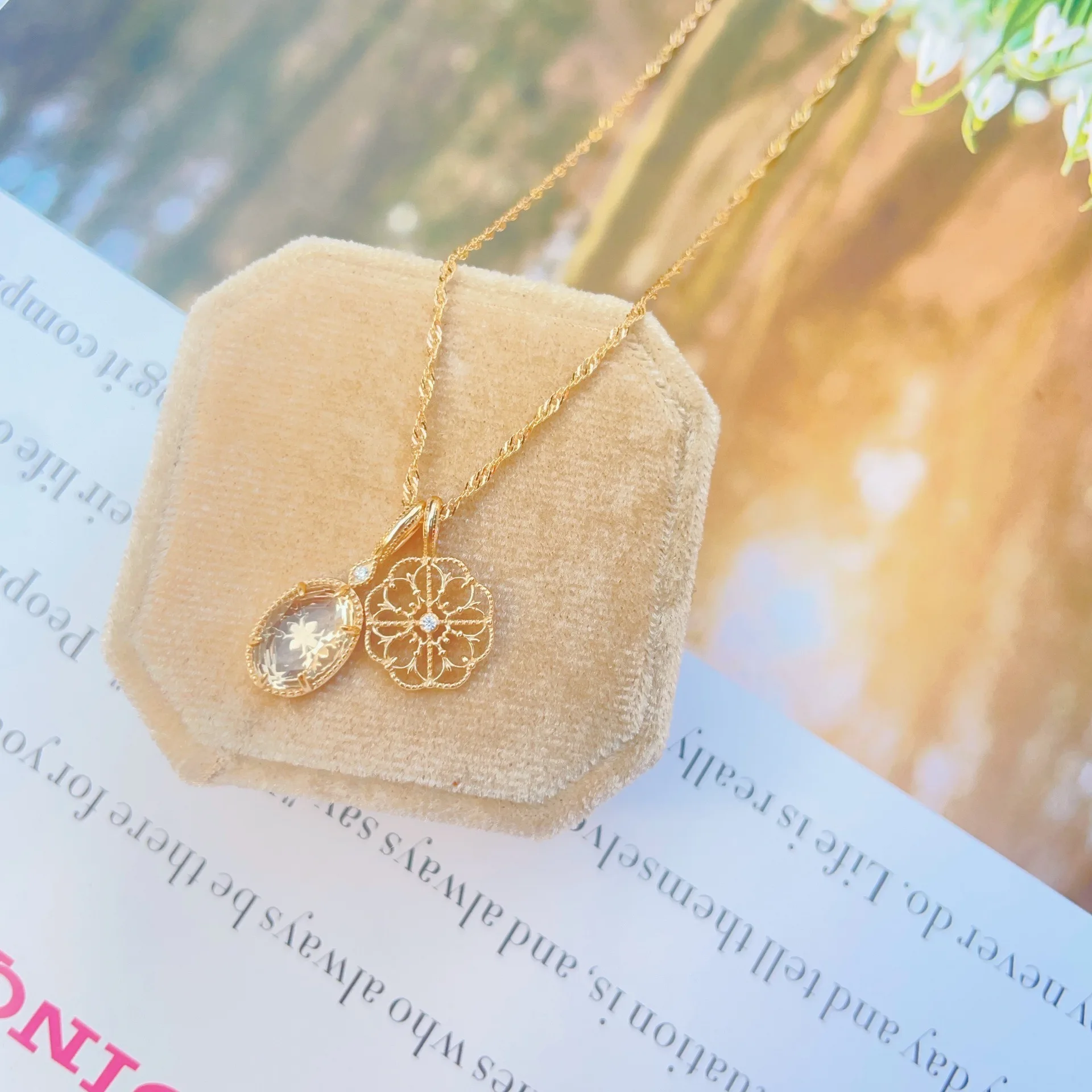 Women S925 Sterling Silver Gold Plated Vintage Hollow Flower Natural White Crystal Double Pendants Dainty Clavicle Necklace Gift