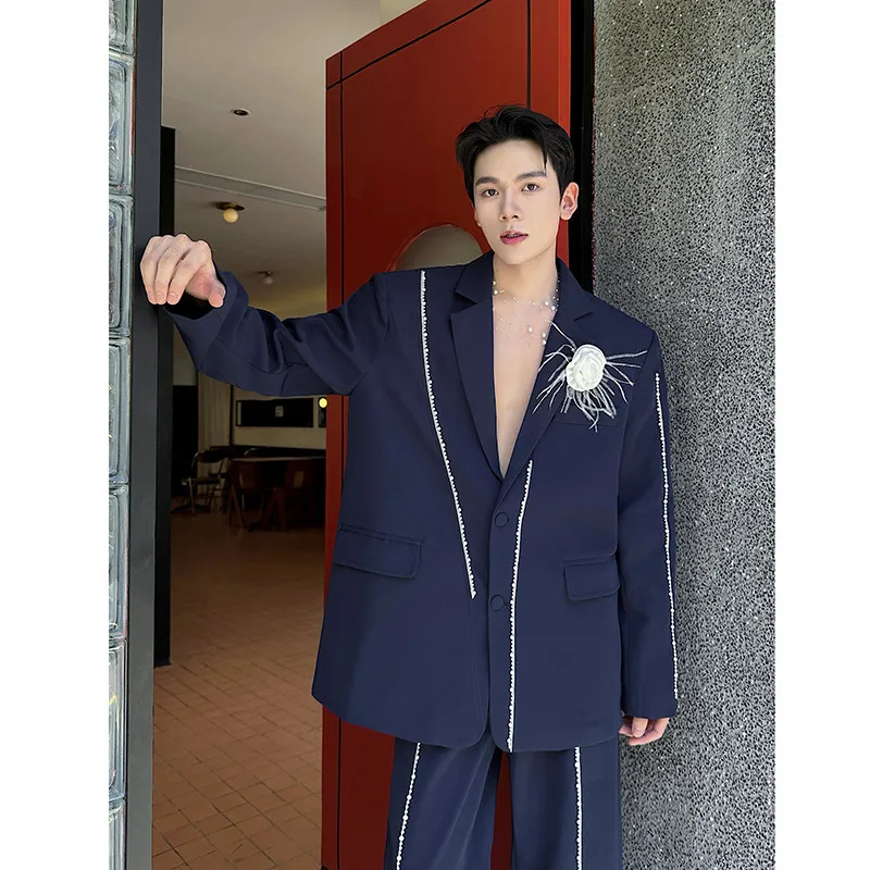 

Мужской костюм-двойка с жемчужным декором и вышивкой, с подплечниками, высококачественные широкие брюки, модный повседневный комплект