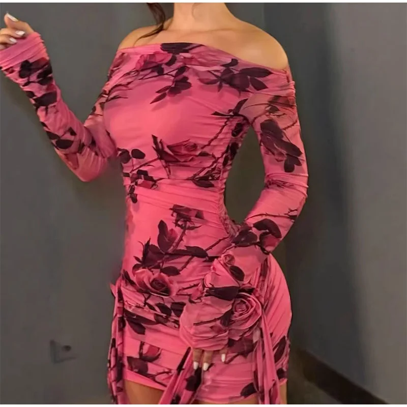 Damen Rosa Rosen-Print Transparentes Mesh-Minikleid Schulterfreies Langarm-Kleid mit Raffungen und Seitlicher Schnürung Sexy Party-Clubwear – Detail 17