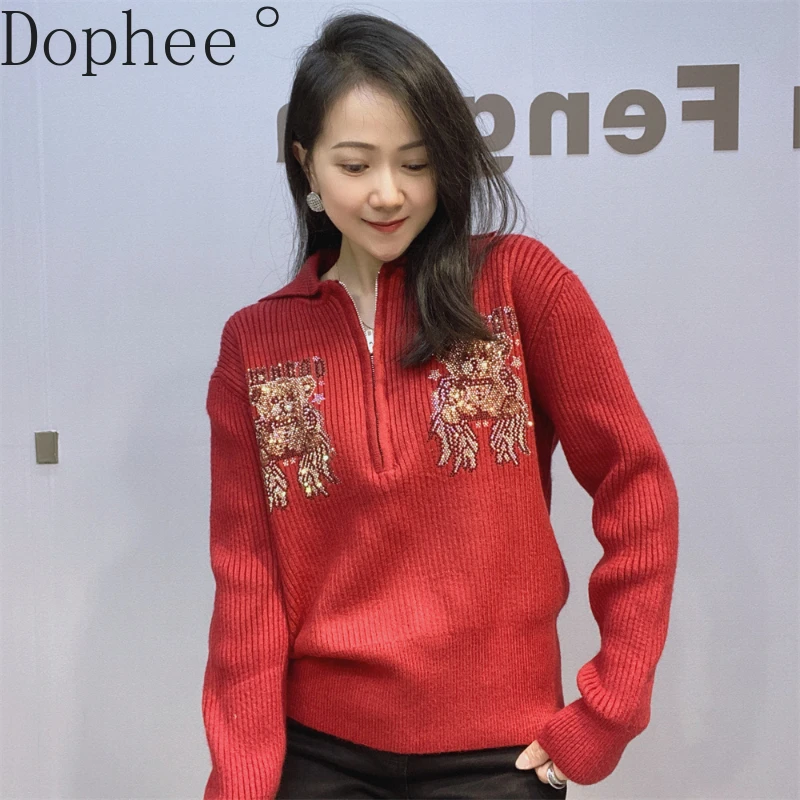 High Stretch Half Zip Turn-down Collar Red Knitting Shirts Cute Bear Hot Drilling Women Sweater Autumn Winter Basic Pullover Top