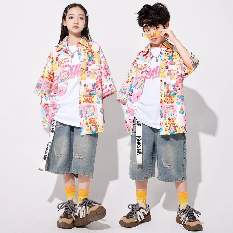 Neue Kinder Bunte Street Dance Jazz Dance Kleidung Hip Hop Für Mädchen Jungen Hemd Jeans Musik Festival Bühne Outfits DQL10009