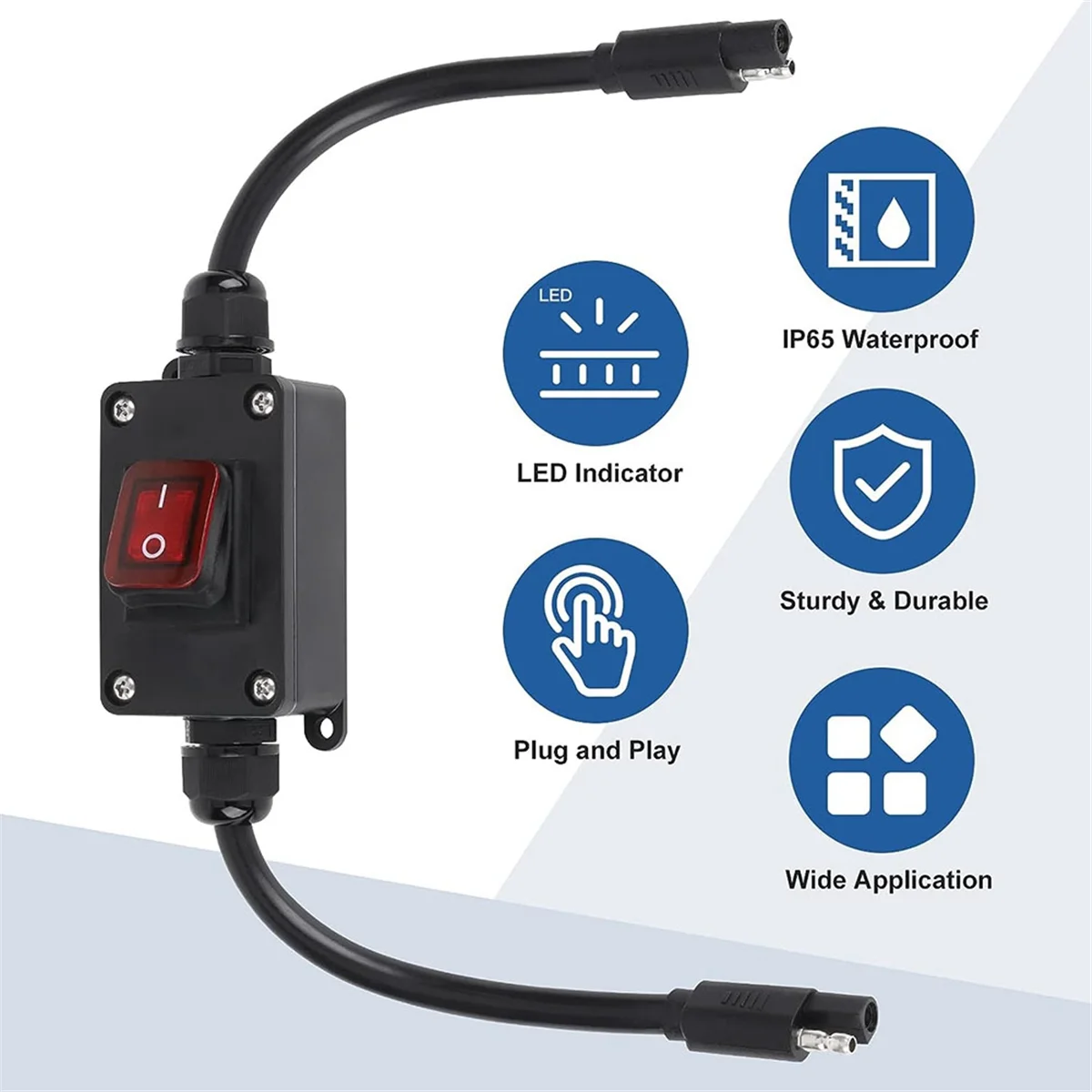 12V Power Switch, IP65 Waterproof SAE Connector with LED Indicator, 14 AWG Cable for Solar Panel, Lawn Mower, ATV, RV