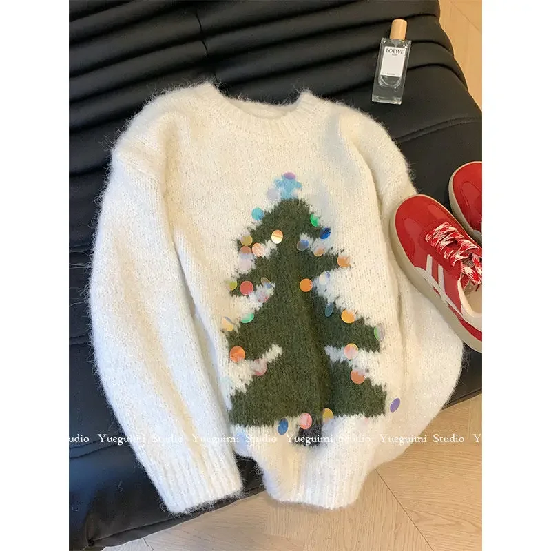 Korean Fashion Casual Christmas Sequined Round Neck Sweater Women New Thick Lazy Knitted Pullover Top American Sweater Clothing