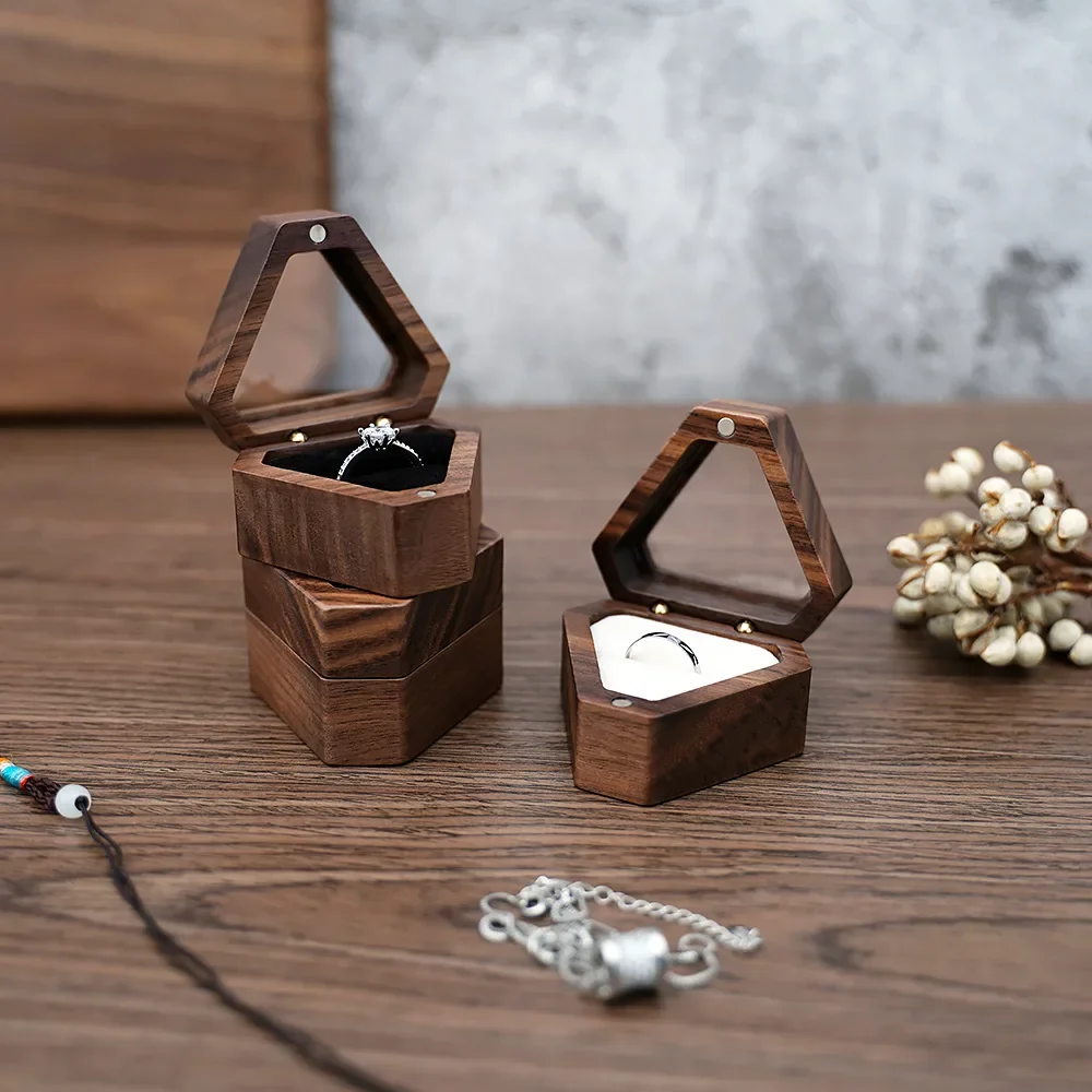 Wooden Ring Box Engagement Wedding Ceremony Heat Proposal Ring Box Jewelry Display Gift for Girl Walnut Wood Bracelet package