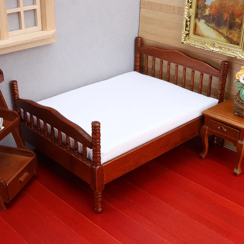 1:12 Dollhouse Miniature European Wooden Double Bed Bedroom Micro Scene Decor Christmas Easter New Year Gift view 4
