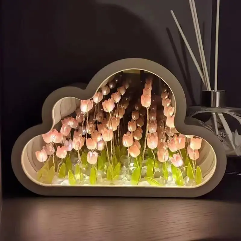 Cloud Tulip Mirror Night Light Gifts for Girls Holiday Creative Desktop Ornaments Gifts Bedroom Atmosphere Lights New and Unique