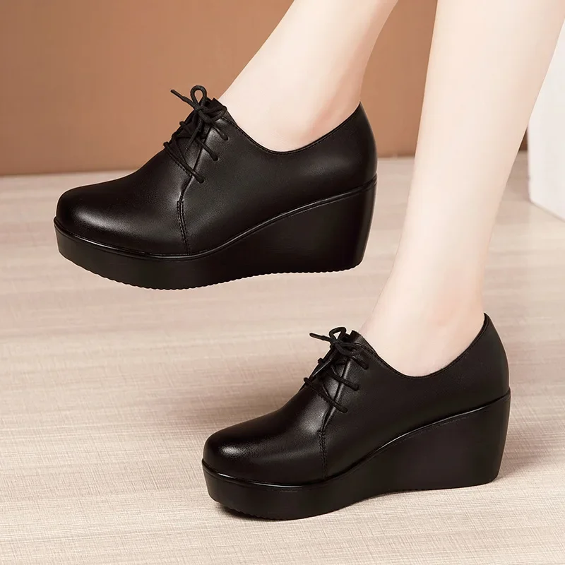 6cm Small Size 32-43 Deep Mouth Platform Pumps Women Oxfords Leather Fall 2024 Med Heels Wedges Shoes for Office Mom Dance Work