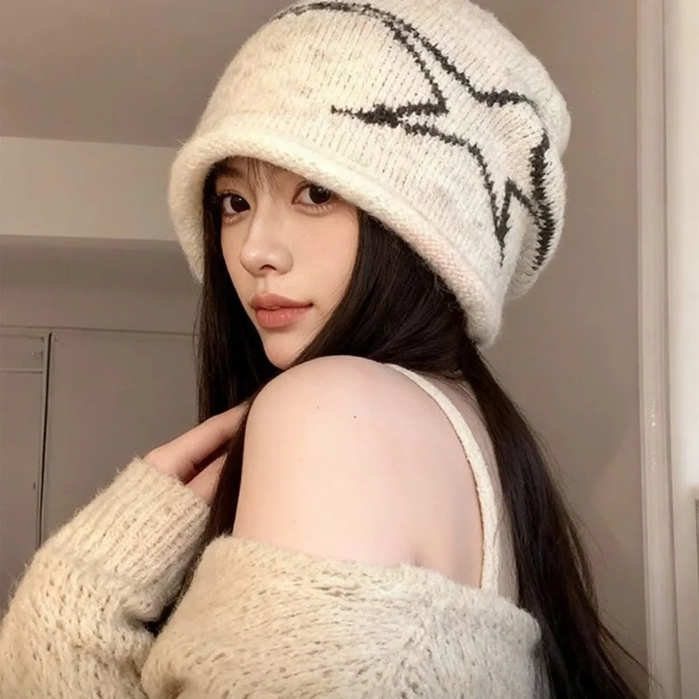 Personality Jacquard Star Knitted Hat Pentagram Warm Pullover Cap Hip Hop Cold Cap Y2k Beanie Hat Streetwear