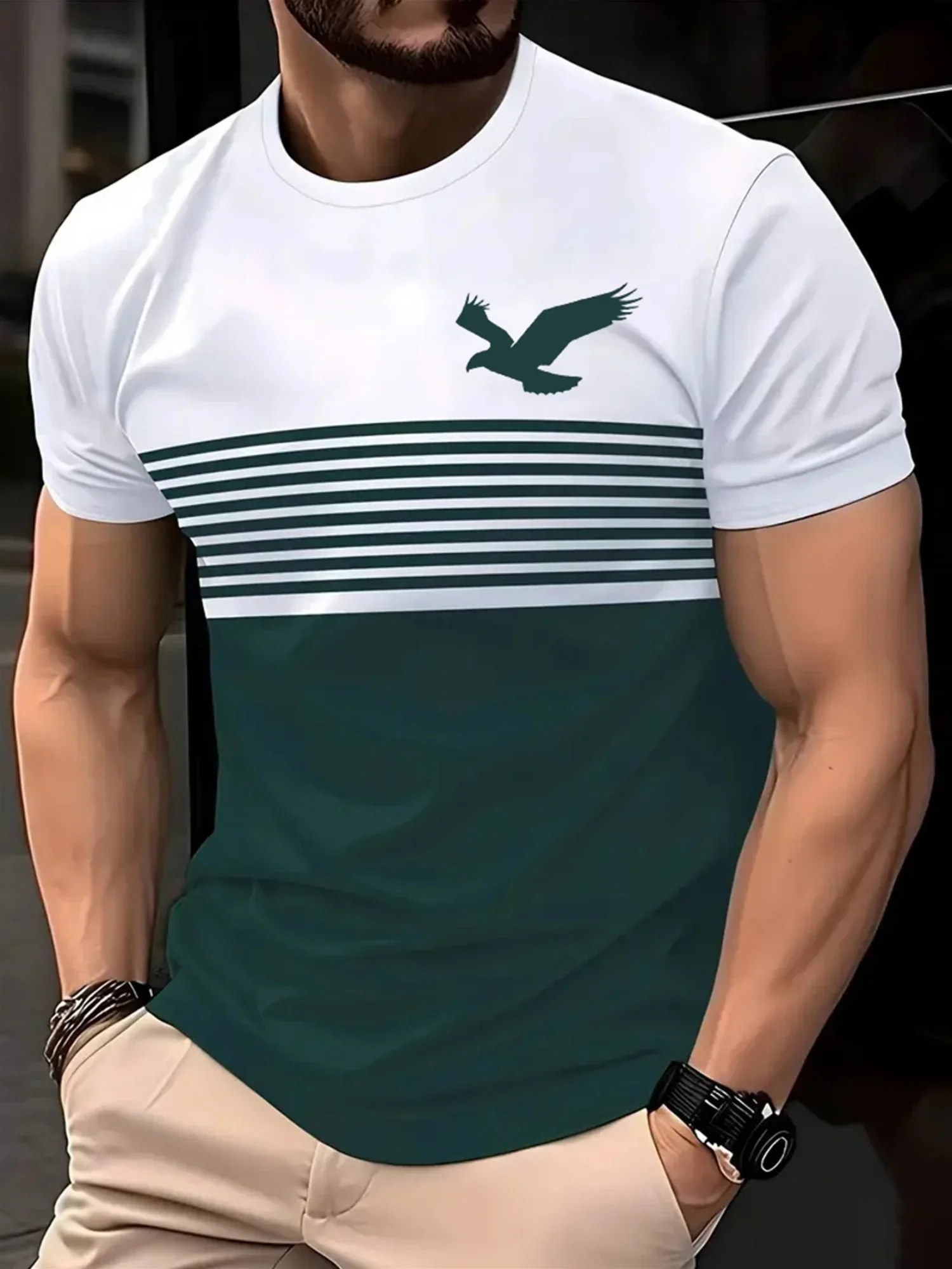 Men's Eagle Print Striped Color Block T-shirt American Casual Crew Neck Short Sleeve Breathable Summer Tee for Daily Streetwear