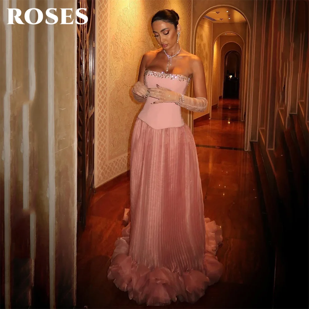 

ROSES Pink Evening Dress Strapless Prom Dresses Pleated Party Formal Gown with Crystal 3D Flower for Woman Customized