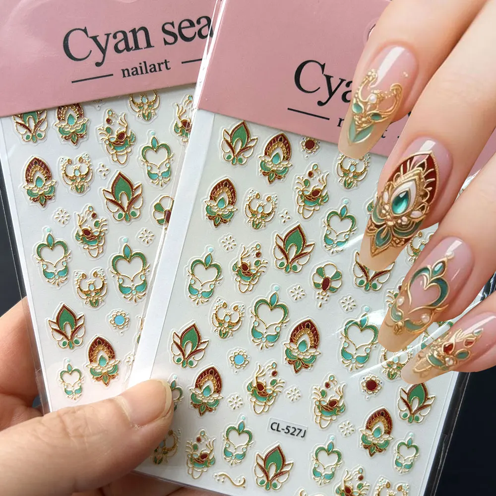 1pcs 5D Embossed Vintage Totem Lotus Nail Stickers Blue Red Boho French Nail Decals Chinese Style Retro Manicure Decorations D3@