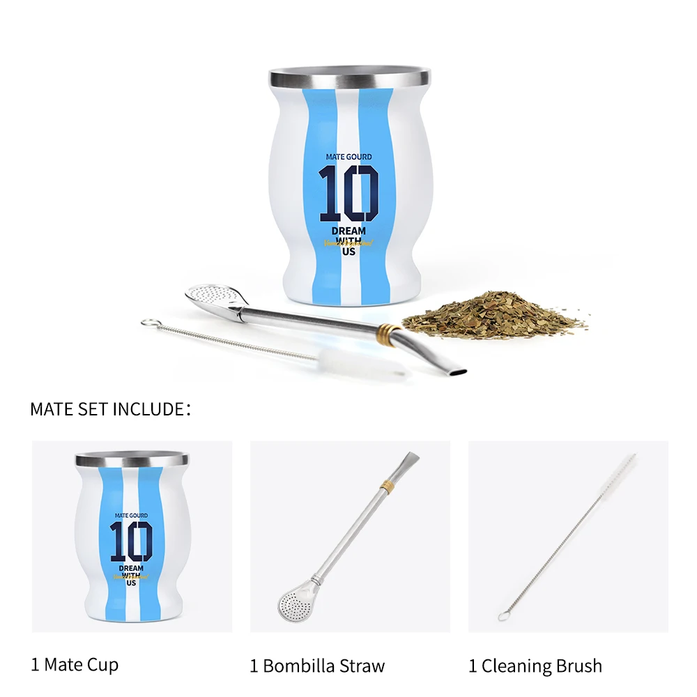 Yerba Mate Cup with Straw, Tea Gourd Coffee Mug, Cleaning Brush, Argentina Football Captain No.10 Style