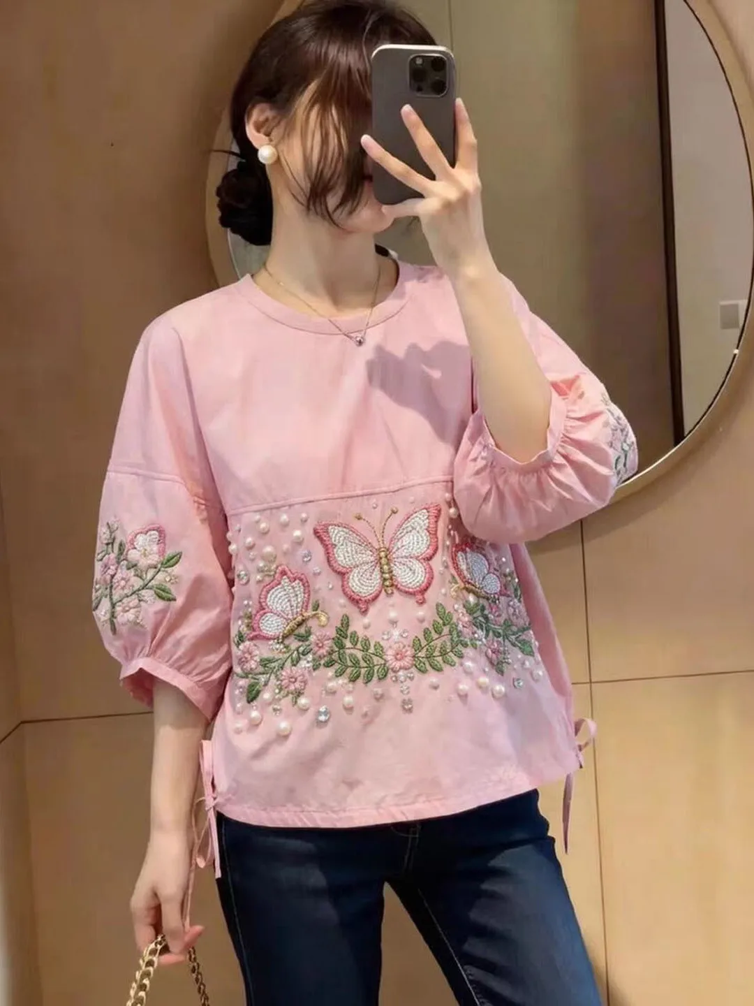Fashionable  Flower Print Beaded Top Women's Premium Feeling Summer Casual T-Shirt Korean Style Loose Fit High Waist