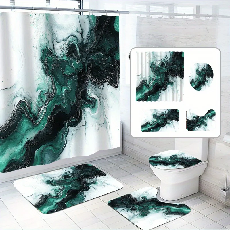 

4pcs, Art River Shower Curtain Set, Ink Style, Fantasy Painting Style, with 12 Hooks, Polyester Fabric, Bathroom Non-slip