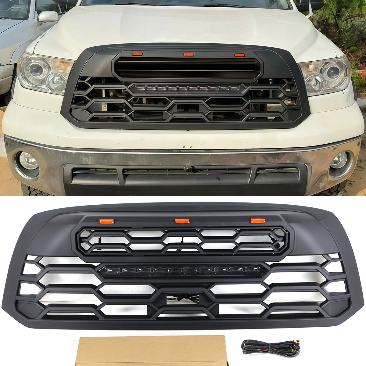 

Front Grill With Light Bar Fits For 2006-2009/2010-2013 Toyota Tundra Black Grill