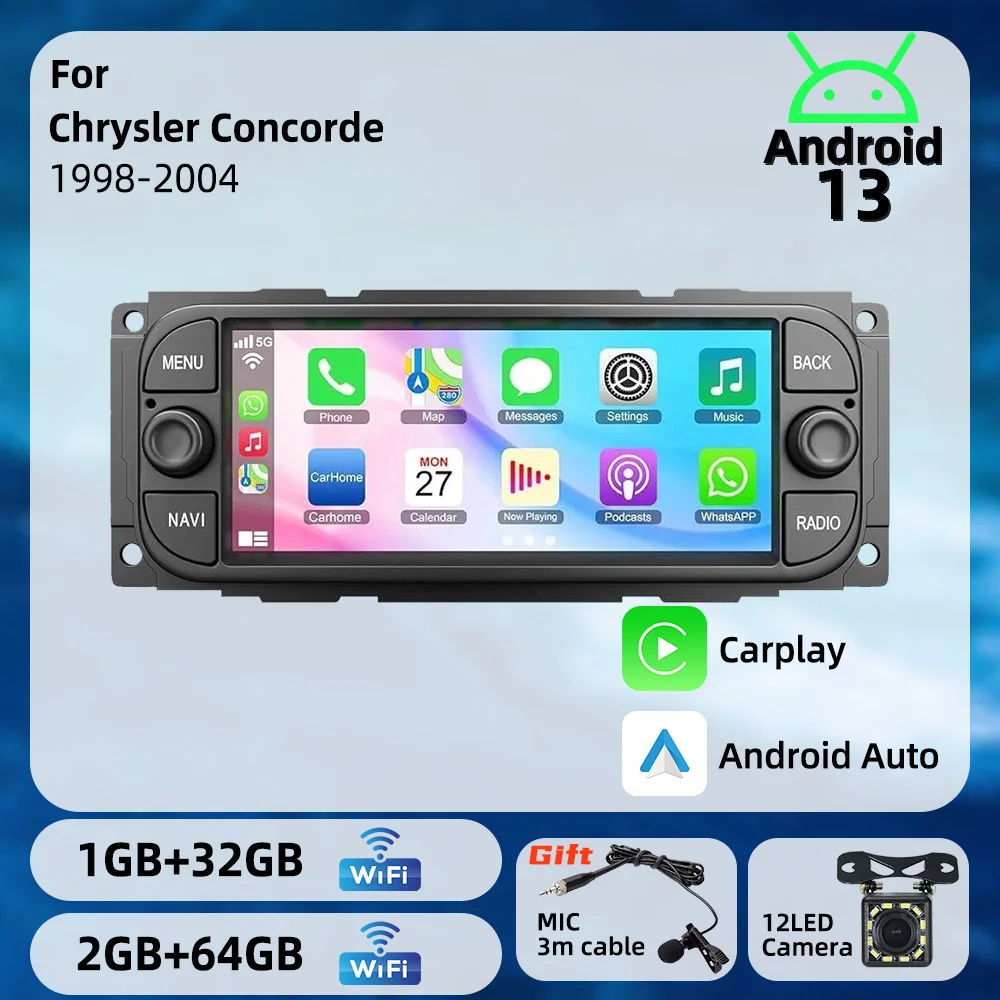 Autoradio Inalámbrico Carplay para Chrysler Concorde 1998-2004, Pantalla de 6.86 Pulgadas, Android 13, Sistema Multimedia para Auto, Radio 1 Din, Unidad Principal Estéreo