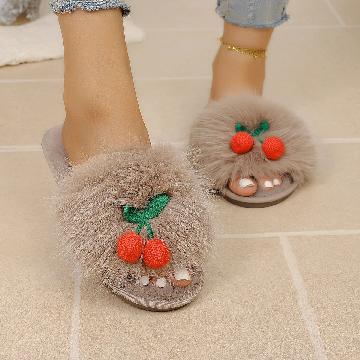 Winterliche Niedliche Kirsch-Hausschuhe für Damen, Flauschige Kirsch-Plüsch-Hausschuhe, Bequeme Schlafzimmer-Slipper für Damen, Neue Flache Slipper. – Detail 10