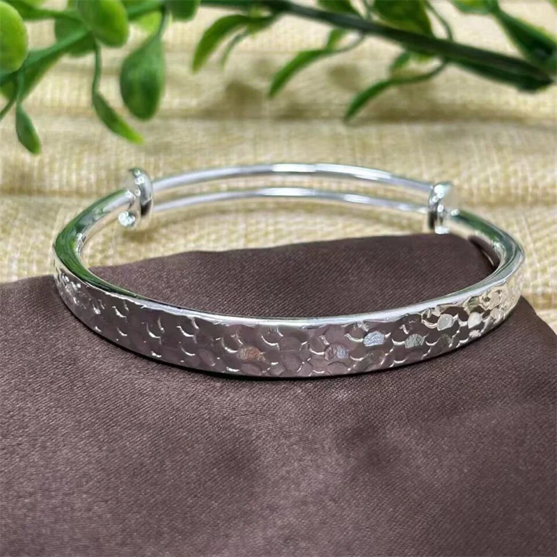 Ladies 9999 Pure Silver Solid Bangle, Sparkling Crushed Ice Texture Pull Push Bracelet, Elegant Hand Jewelry Gift