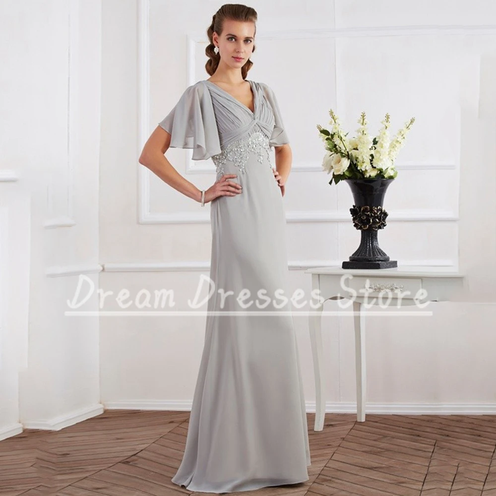 Elegant Mother of the Bridal Dress Classic Chiffon Half Sleeve Pleat and Applique A-Line Floor Length Zipper Party Banquet Gown