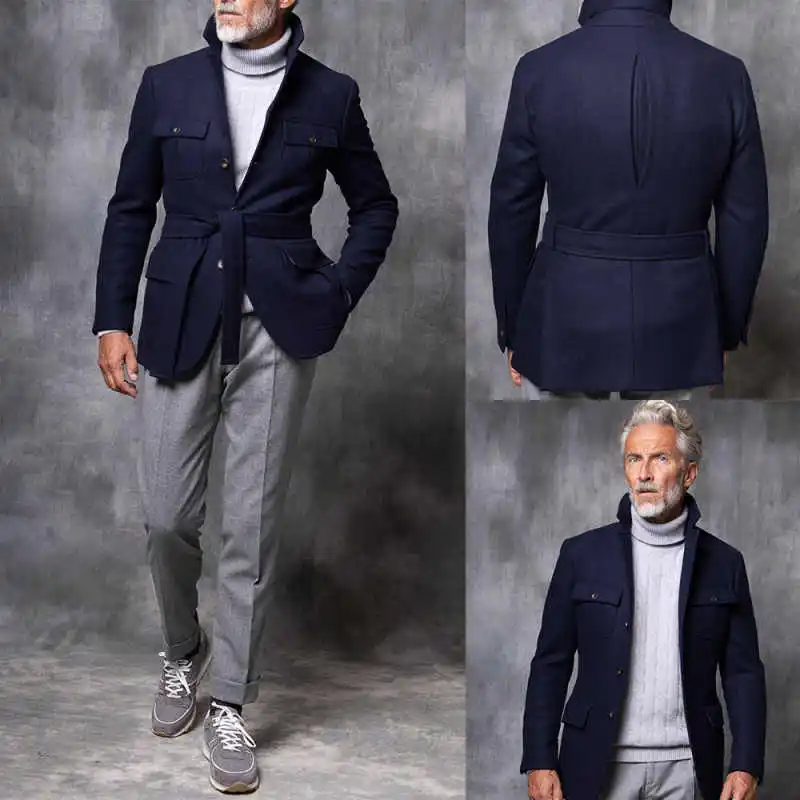 

Vintage Men Suit Single Breasted Wool Blend Short Man Tailcoat Casual Peaked Lapel Business Blazers Overcoat Customized