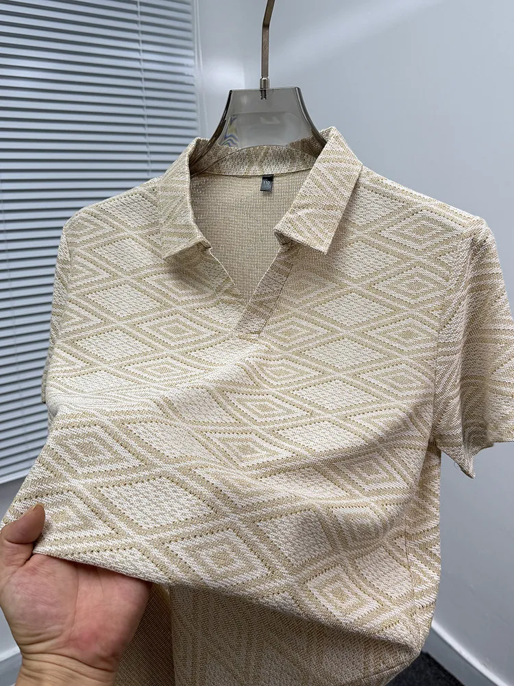 New imitation linen short sleeved seagull collar polo shirt ultra-thin breathable summer men's casual versatile fashion top
