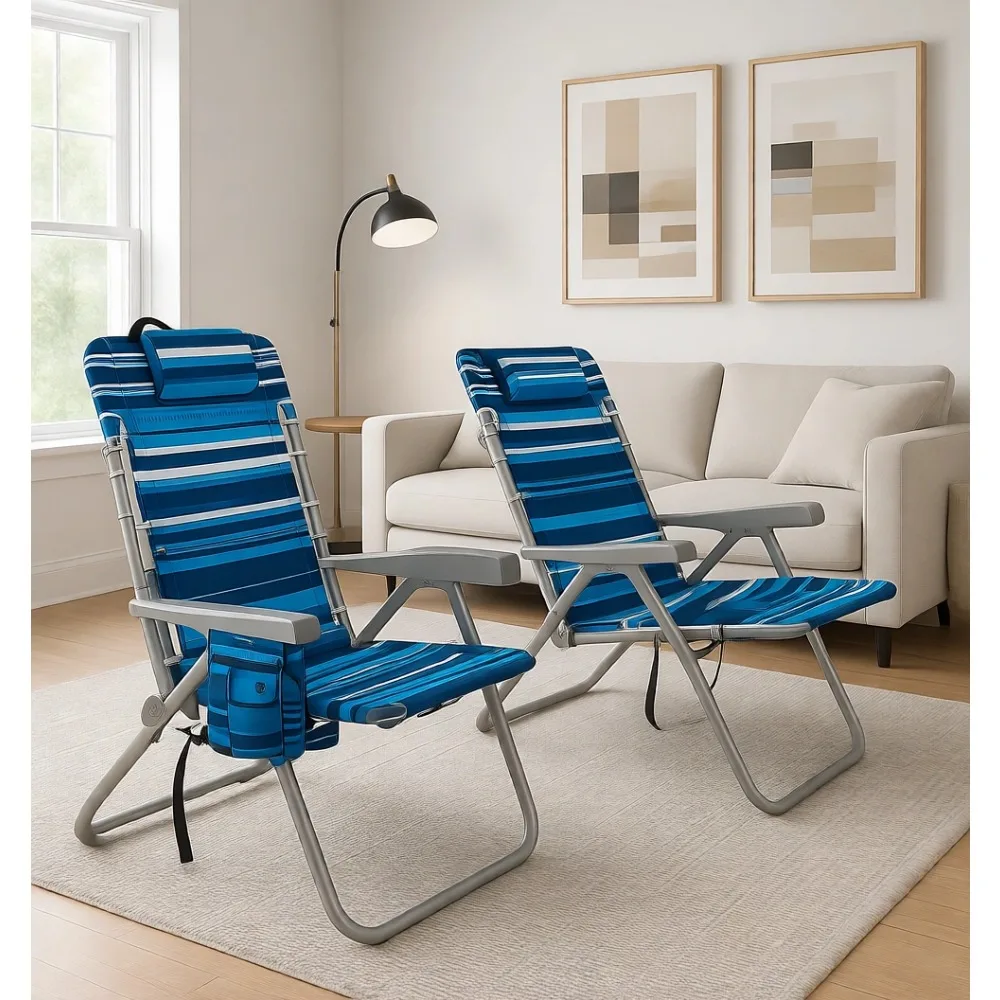 Folding Tall Backpack Beach Chair with High Seat, Cooler Pouch, and Multiple Features