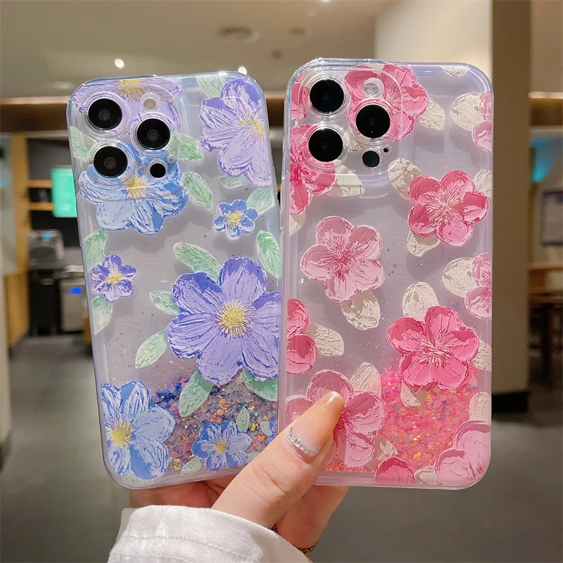 Blumen ölgemälde Fall für iPhone 13 Pro Max 14 16 15 plus Telefon abdeckung Leucht glanz Brill antes Treibsand Liquid Coque Funda